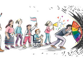 Cartoon image of a person protecting people with a rainbow umbrella