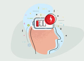 Cartoon image of a brain with a low battery symbol