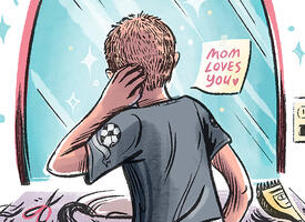 Young person looks into a mirror after cutting hair