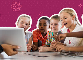 Children pointing at a tablet held by a substitute teacher