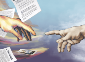 Two hand reach towards each other from the sky