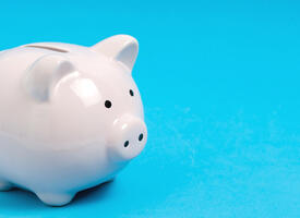 a light blue background with a white piggy bank in the foreground