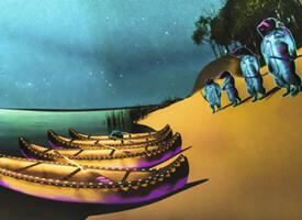 Norther lights reflecting off a lake with canoes waiting a shore. 