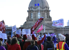 Teachers protest at the Alberta Legislative building