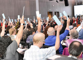 ARA delegates raise their hands in a vote