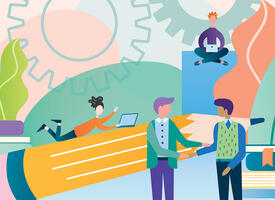 Illustration of teacher handing off classroom to sub