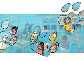 A colourful sketch illustration of a blurry blue classroom of students. Large dog paw prints travelling from left to right across the illustration reveal a clear and happy collection of students raising their hands in class.