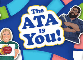 A colourful boardgame with a dark ATA Blue background. The words "The ATA is you!" are in bold, rounded text. Illustrated player tokens are scattered around the board.
