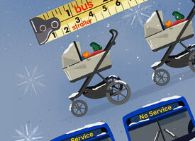 Illustrative collage of a measuring tape and baby stroller and a bus