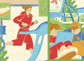 Illustration of a student and phys-ed teacher using technology to enhance athletic skills.