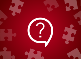 Red graphic with speech bubble with a queston mark and puzzle pieces 