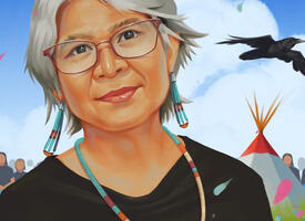 An illustration of Valerie McDougall in front of her community, a teepee and a flying raven that symbolically represents her family.