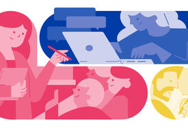 Illustration of people on laptops, in classroom and studying