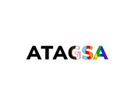 Black text "ATA" next to the text "GSA" in which each letter is filled with 3 colors of the rainbow
