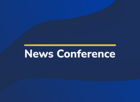 Blue background with white text "News Conference"