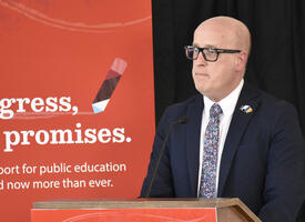 Jason Schilling responding to education budget at a news conference
