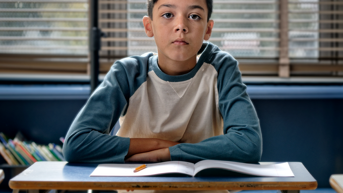 Sad boy sitting at a desk with his arms crossed. An open booklet with a pencil is on top of the desk.