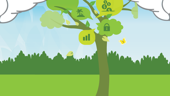 Illustration of a tree with money symbols looking through clouds