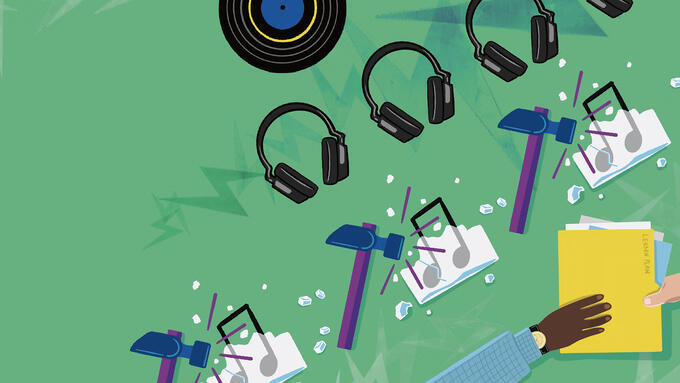 Records, headphones hammers and music notes on a green background. 