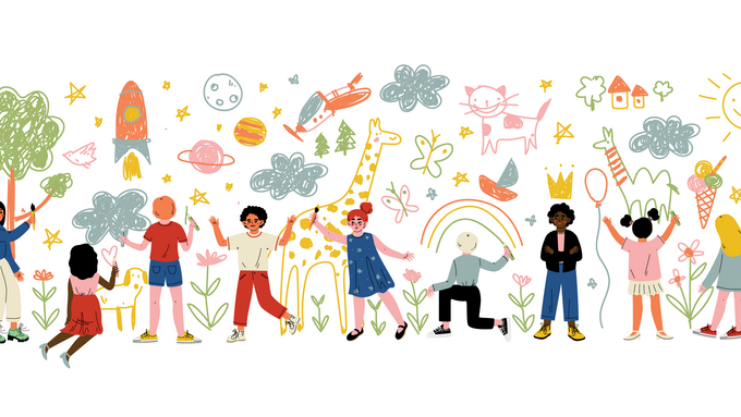 Illustration of childen drawing flowers, animals, insects and plants.