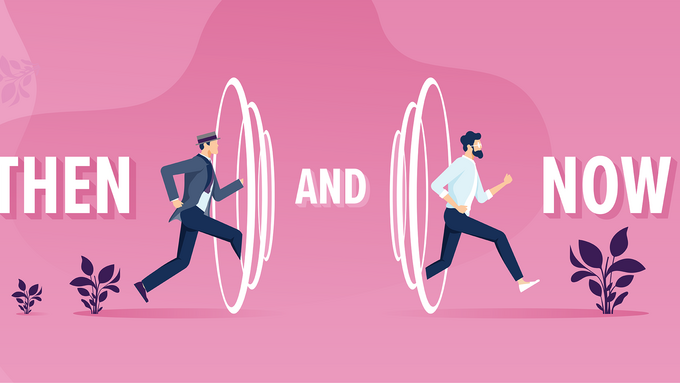 Illustration of a man running through a portal on a pink background 