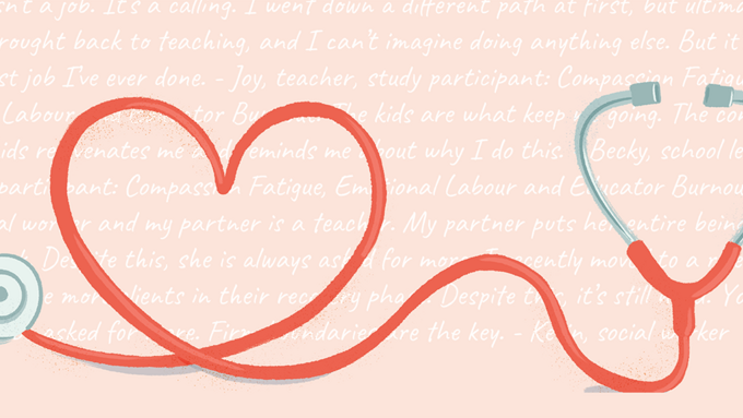 Illustration of a red stethoscope with cord making a heart in front of a pink background with written text.