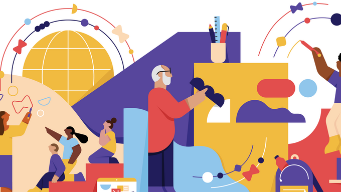 Illustrated collage of children and a teacher by Mateusz Napieralski