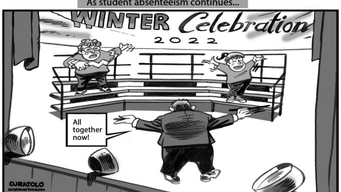 Caption reads "As student absenteeism continues..." and only two students are in the Winter Celebration concert