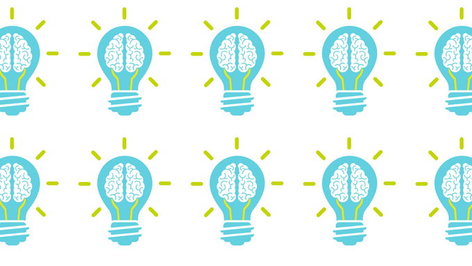 Graphic of a grid of light bulbs with brains as the filament. 