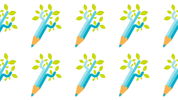 Graphic of grid blue pencils with tree limbs growing out the top.