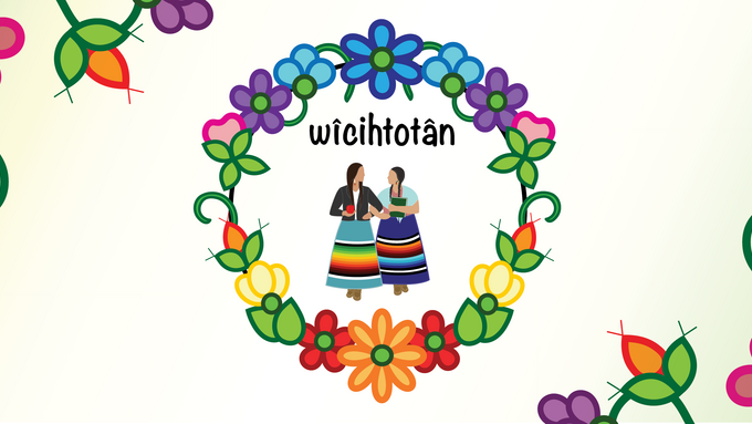 Illustration of two women wearing ribbon skirts circled by wreath of flowers