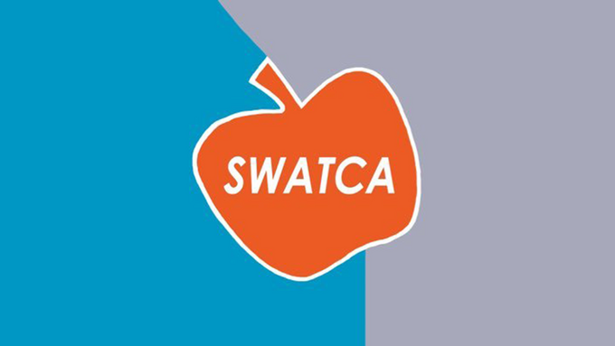 Red apple logo for South Western Alberta Teachers' Convention and  blue and grey background