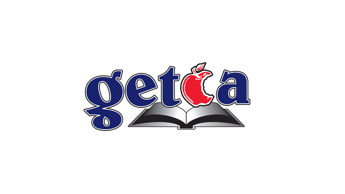 Greater Edmonton Teachers' Convention Association logo of a red apple replacing the c in the acronym with sitting atop of a book