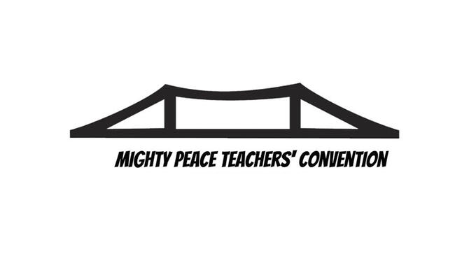 Black and white graphic of a bridge with Mighty Peach Teachers' Convention underneath