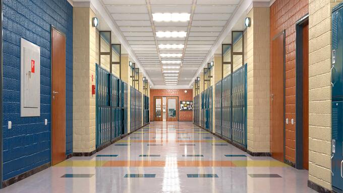Hallway with blue lockers