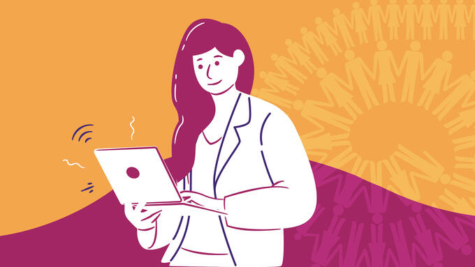 Line illustration of a women holding a laptop in front of an orange and pink background