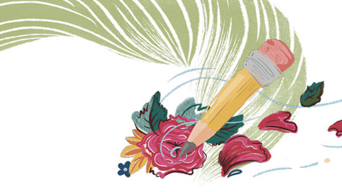 Cartoon image of a pencil and flowers