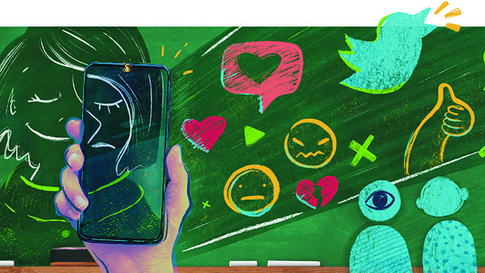 Cartoon image of a cell phone against drawings on a chalk board