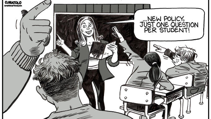 A teacher reads a new policy to a group of students and allows only one question per student