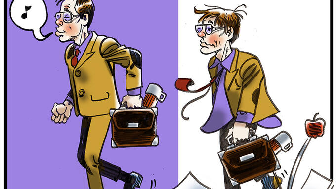 Side by side cartoon images of a teacher on day one versus day two