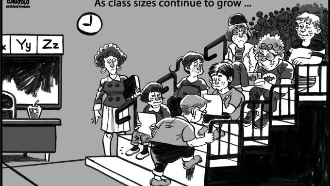 A teacher standing by a chalkboard and desk watches a student climb the bleachers in an overcrowded classroom.