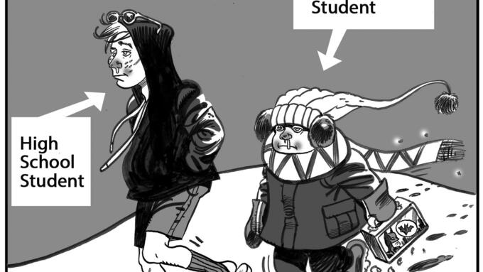 Two students walking in the snow. Arrows point to them individually. On the left is a "high school student" according to the arrow. The second student on the right is labeled "Kindergarten student." The title of the cartoon is "When it hits minus 30 in Alberta..." The high school student is wearing shorts and flip-flops in the snow. The kindergarten student is wearing all the winter gear, scarf, mittens, hat, ear muffs, etc.