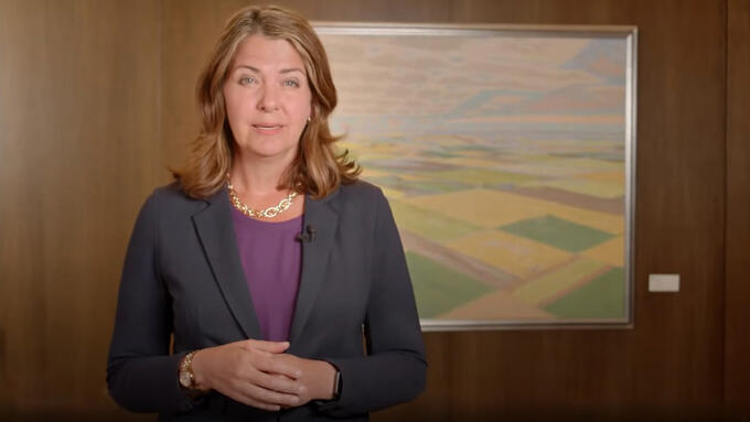A brunette woman wearing a navy jacket and a purple top standing in front of a wood panel wall with a painting of farm fields from the perspective of a plane.