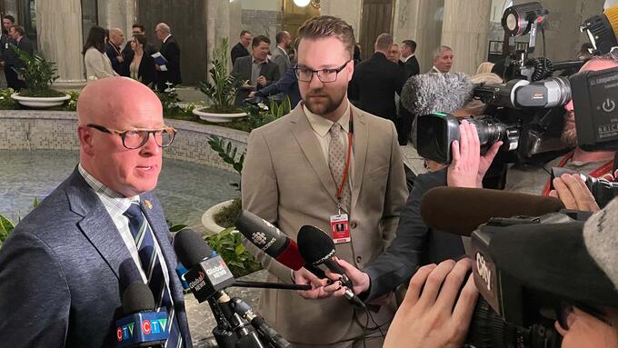 ATA president speaks to reporters in the Alberta Legislature rotunda