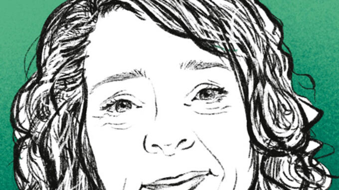 A green background with a black and white drawing of a teacher in the foreground