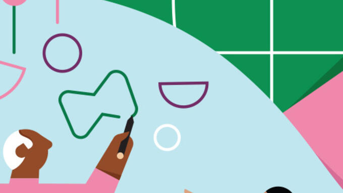 An illustration of a teacher drawing on a board and 2 students watching. One is pointing. There is a globe in the background