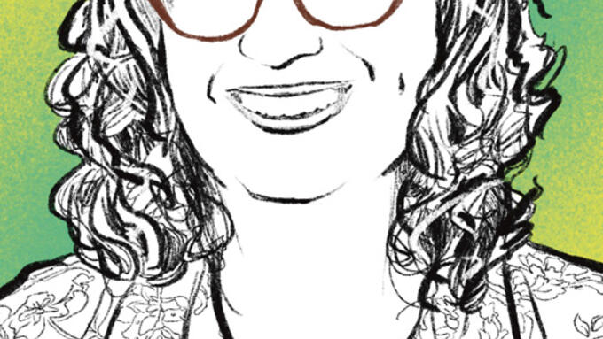 green and yellow background. Foreground a black and white drawing of a teacher