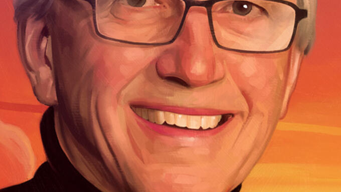 An illustration of a white-haired teacher wearing glasses