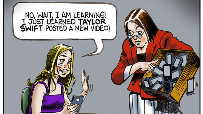 A teacher tries to collect a cell phone from a resistant student