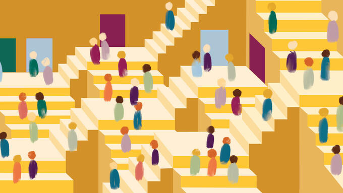 Numerous people ascending and descending a maze of stairs